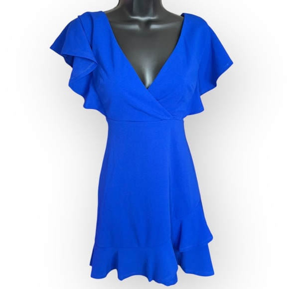 Crystal Doll Dresses & Skirts - Blue V Neck Flutter Sleeve Fit Flare Mini Dress Back Zip Cocktail M Crystal Doll